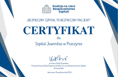Otrzymaliśmy Certyfikat „Bezpieczny Szpital to Bezpieczny Pacjent”!